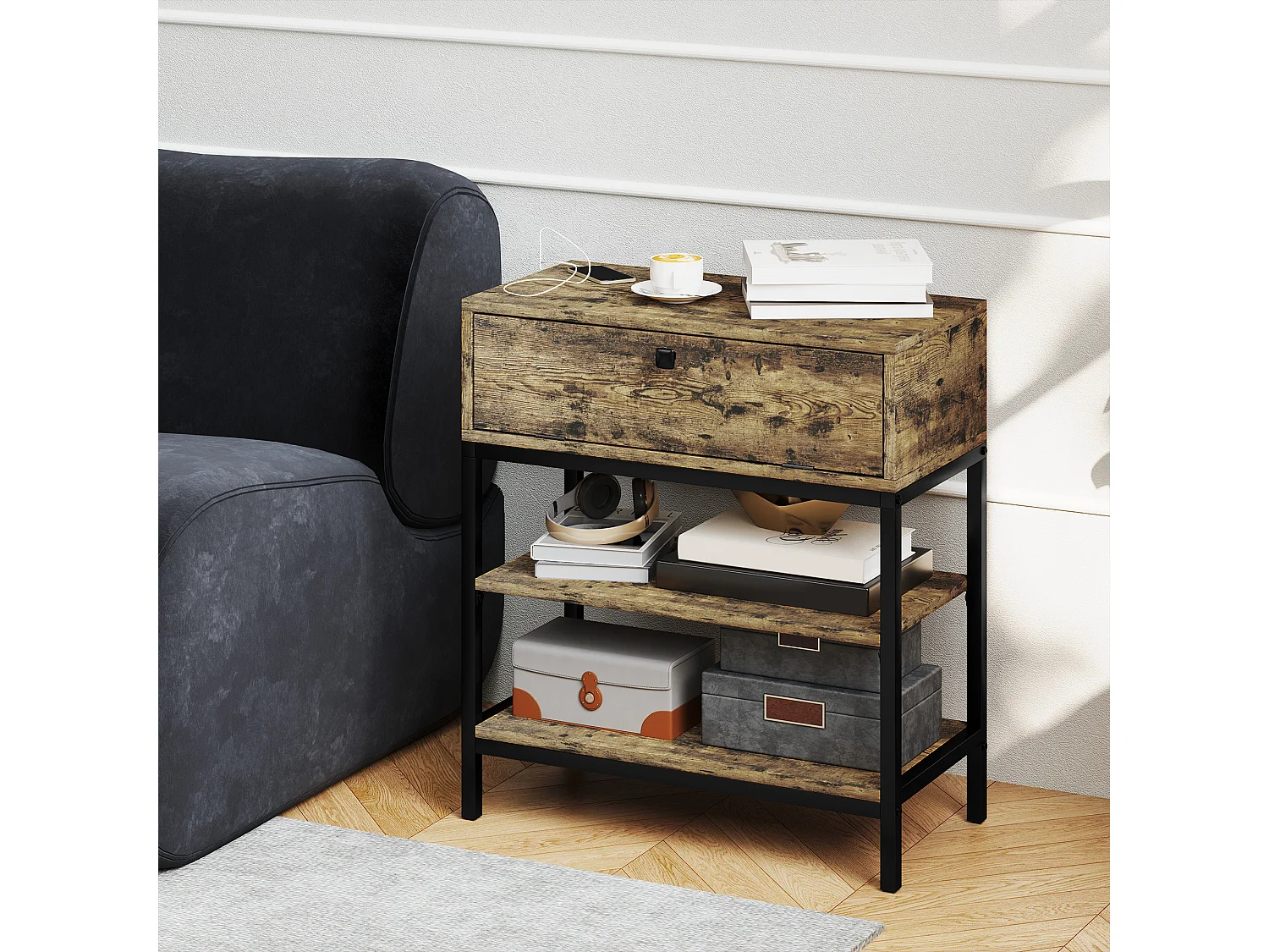 Tavolino da divano cassetto 2 ripiani stile industriale nero marrone