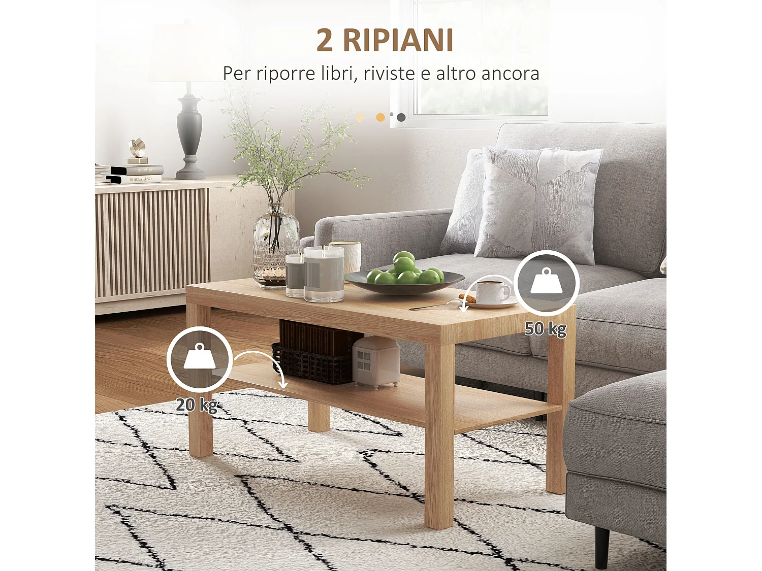 Tavolino da caffè rettangolare con ripiano legno naturale