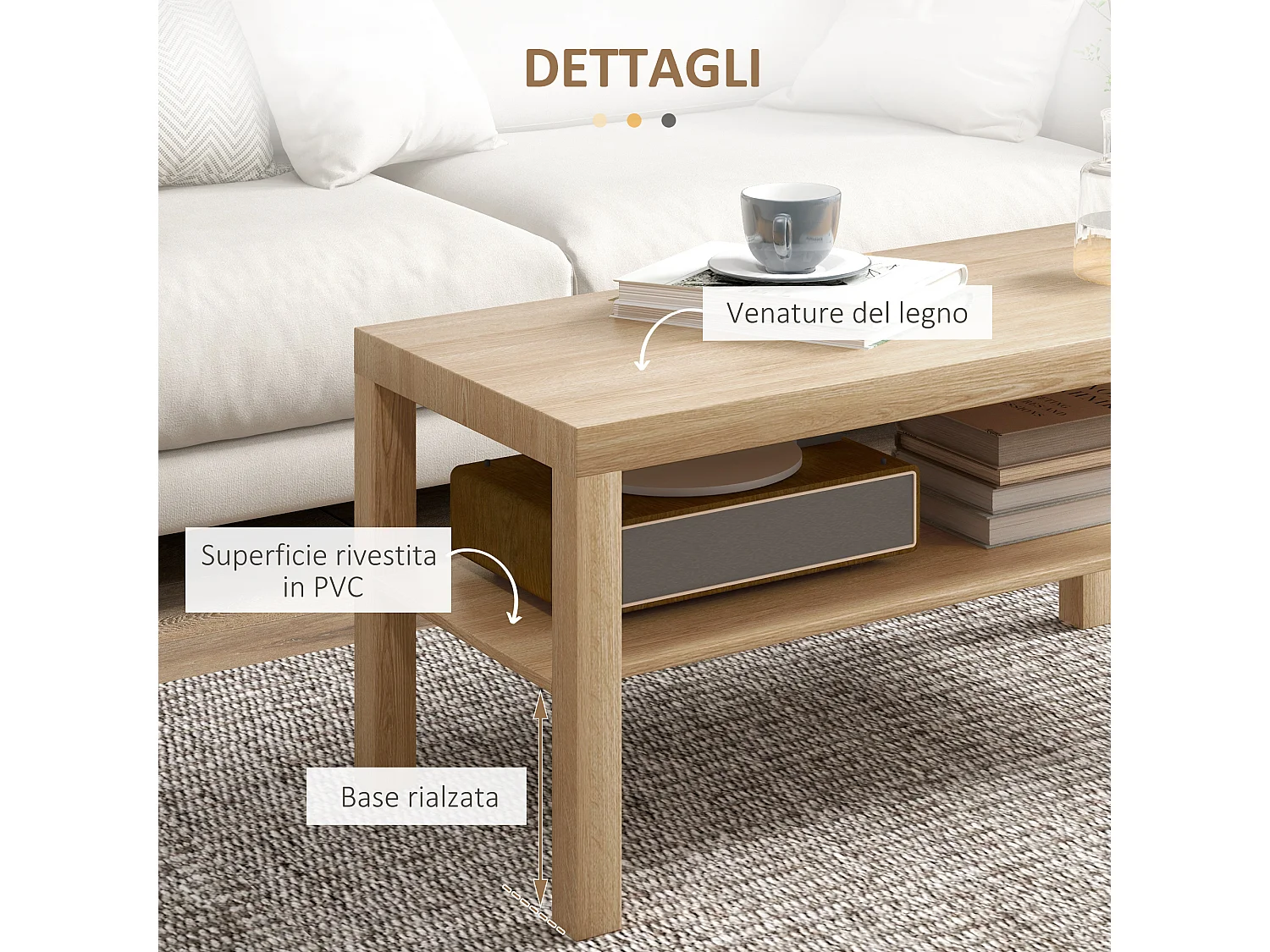 Tavolino da caffè rettangolare con ripiano legno naturale
