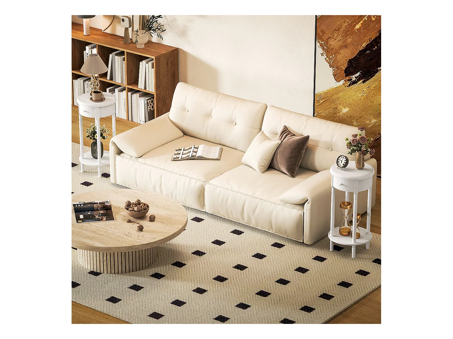 Set da 2 comodini con cassetto e ripiano in legno bianco