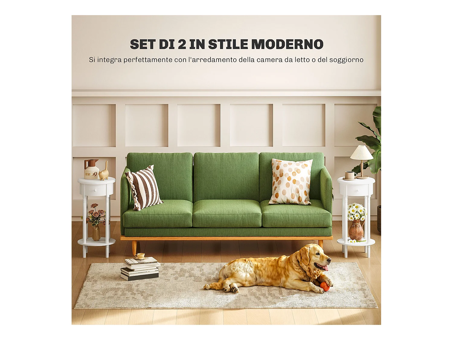Set da 2 comodini con cassetto e ripiano in legno bianco