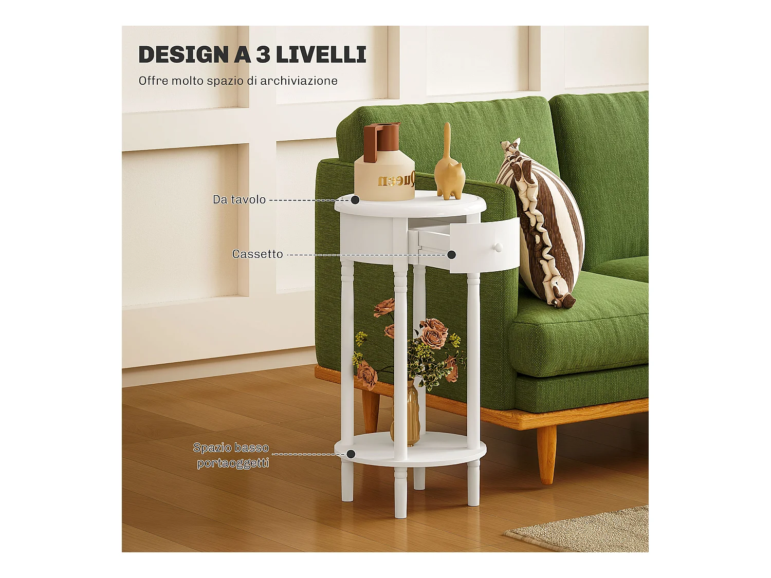 Set da 2 comodini con cassetto e ripiano in legno bianco