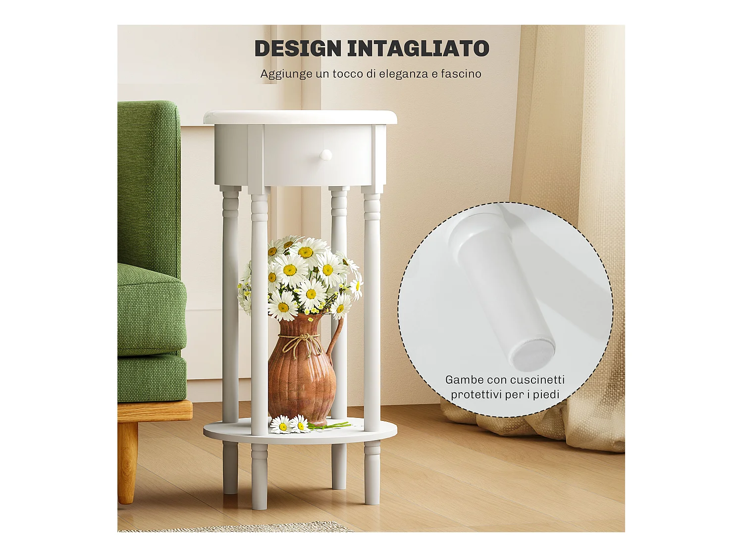 Set da 2 comodini con cassetto e ripiano in legno bianco