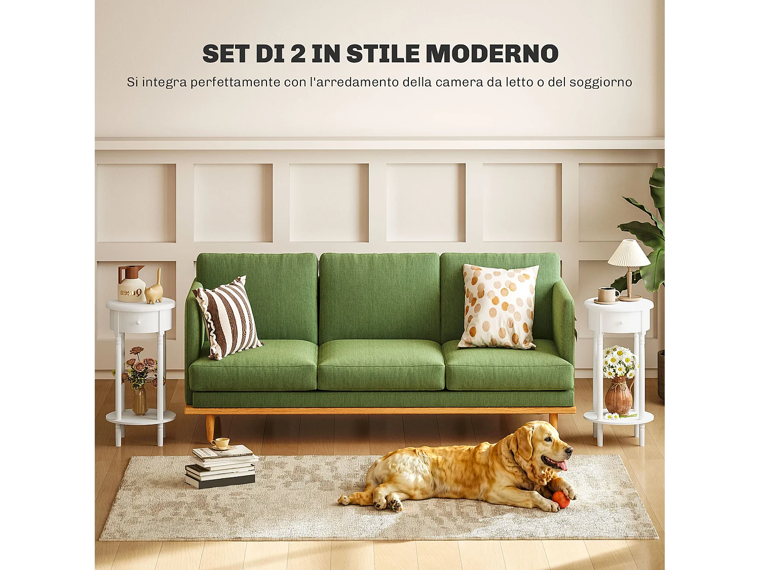 Set da 2 comodini con cassetto e ripiano in legno bianco