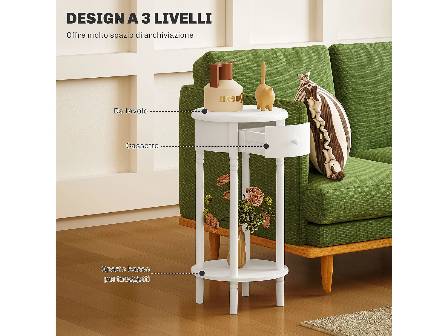 Set da 2 comodini con cassetto e ripiano in legno bianco
