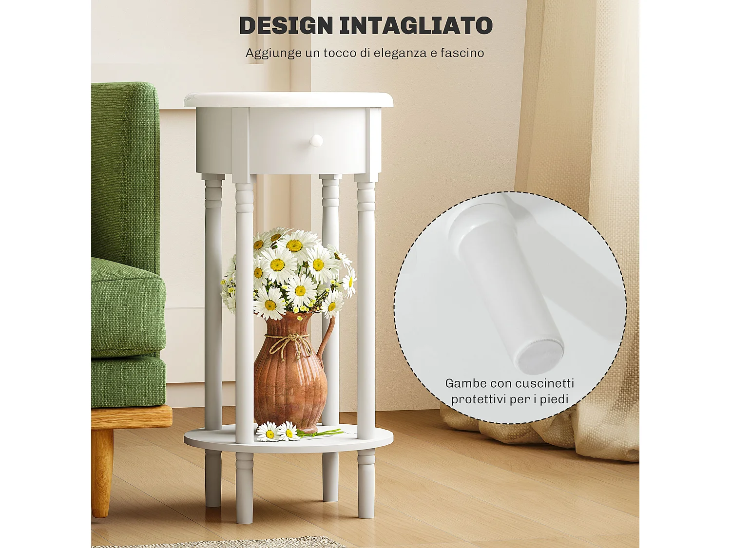 Set da 2 comodini con cassetto e ripiano in legno bianco