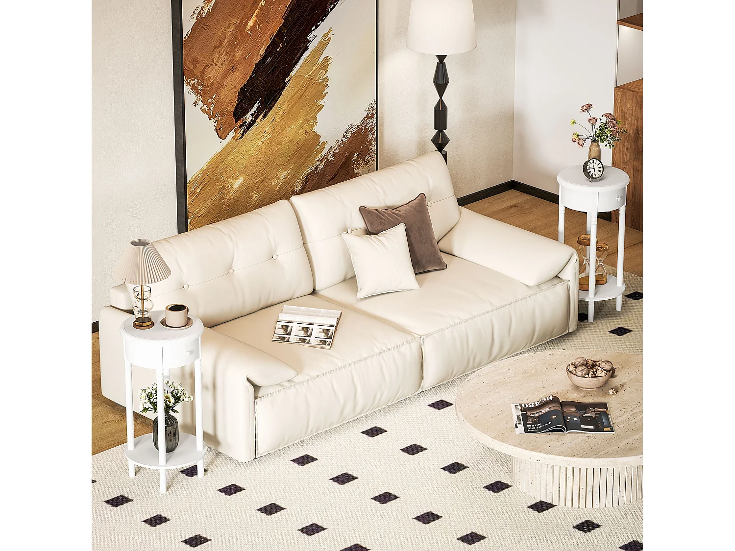 Set da 2 comodini con cassetto e ripiano in legno bianco