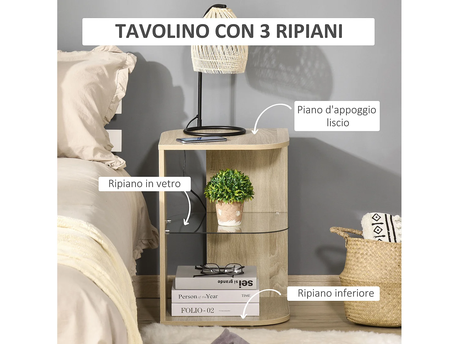 Tavolino da salotto moderno multiuso in legno vetro 40x40x56cm