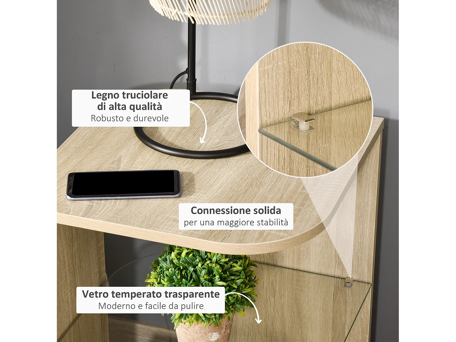 Tavolino da salotto moderno multiuso in legno vetro 40x40x56cm