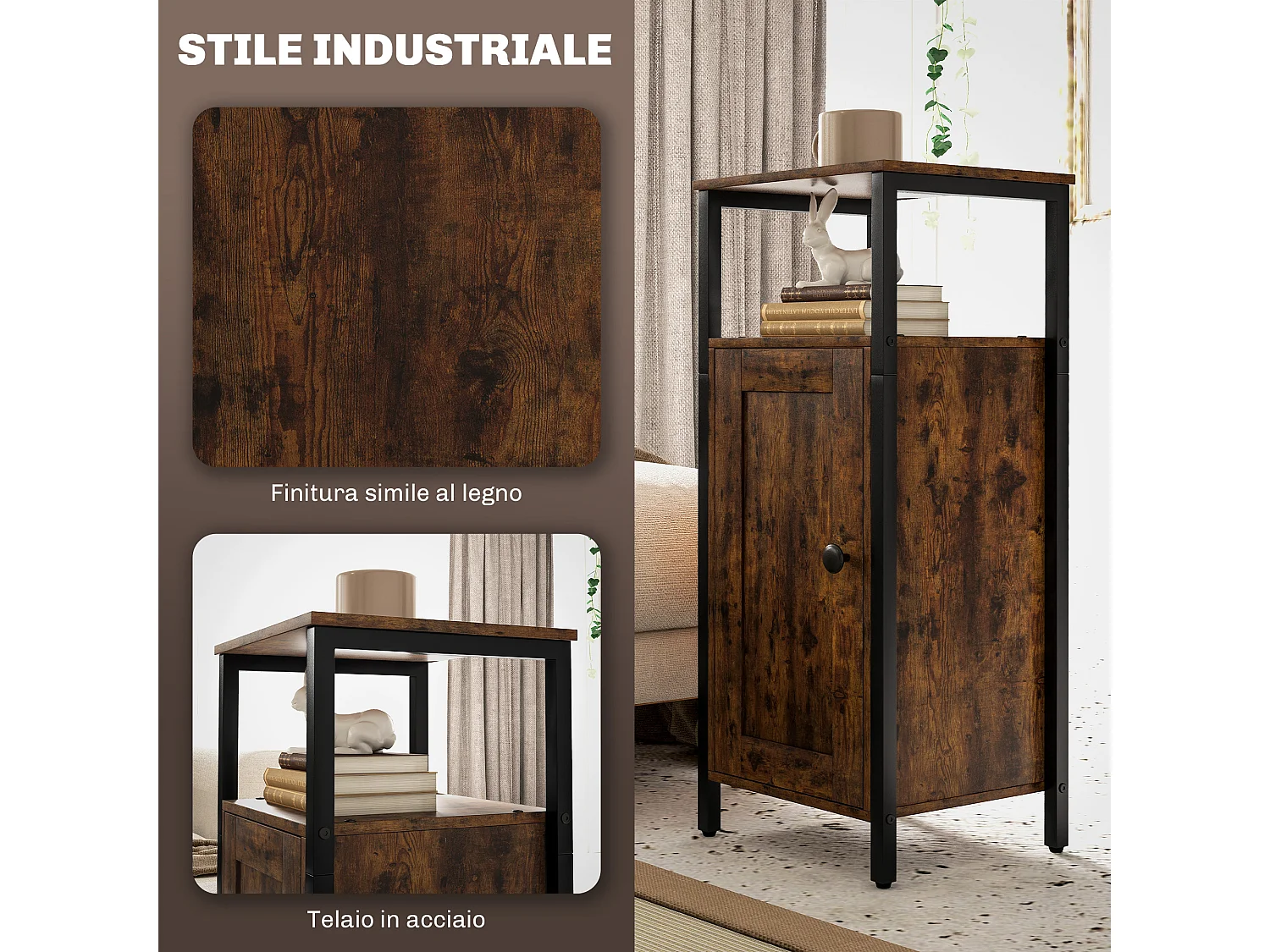 Comodino industriale con 2 ripiani aperti e scaffale interno marrone