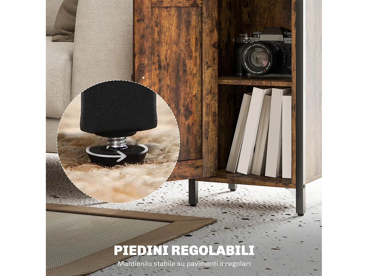 Comodino industriale con 2 ripiani aperti e scaffale interno marrone