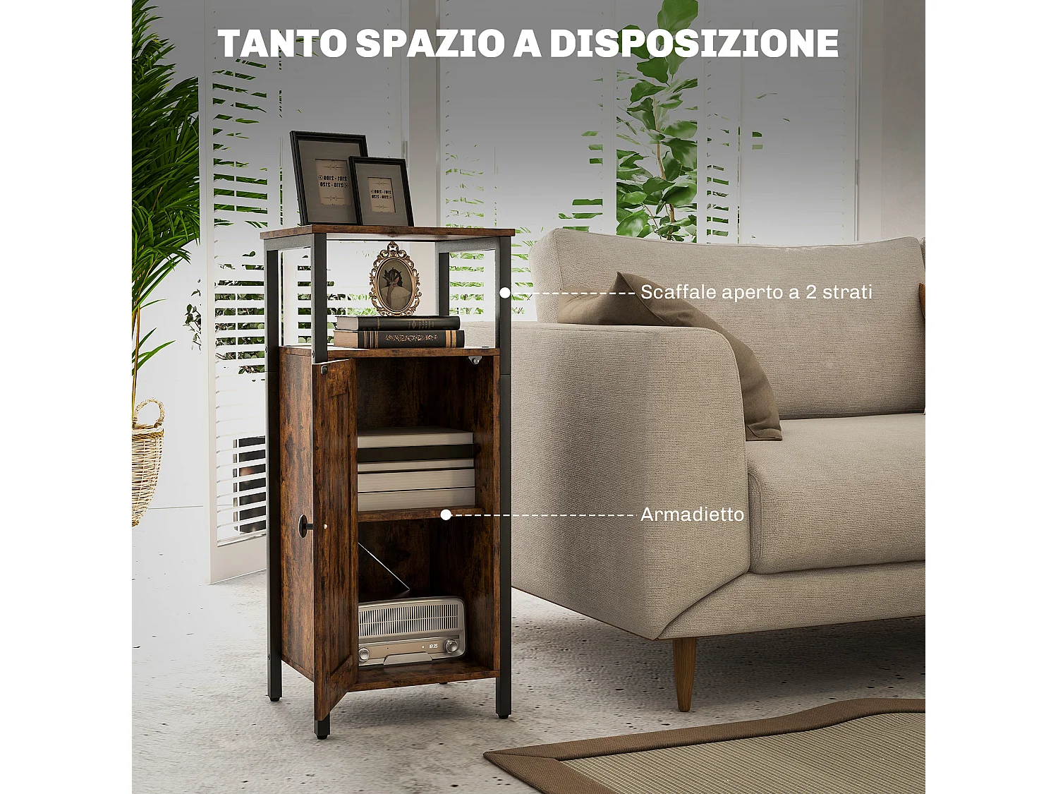 Comodino industriale con 2 ripiani aperti e scaffale interno marrone