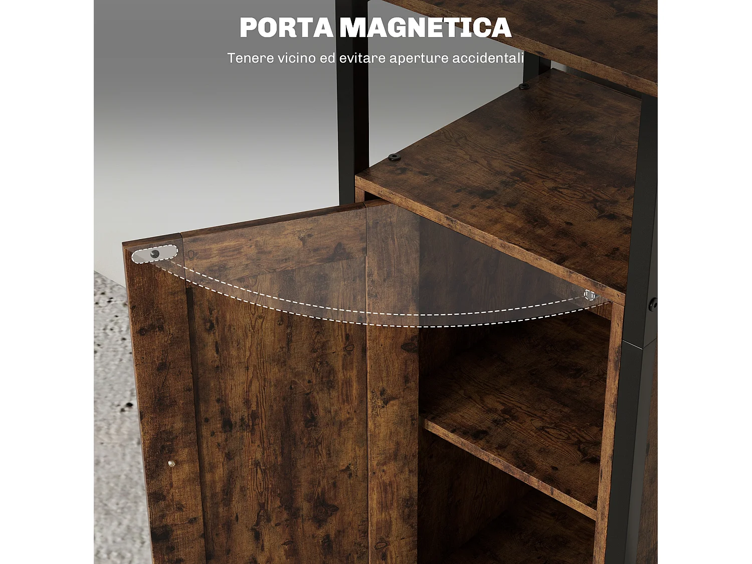 Comodino industriale con 2 ripiani aperti e scaffale interno marrone