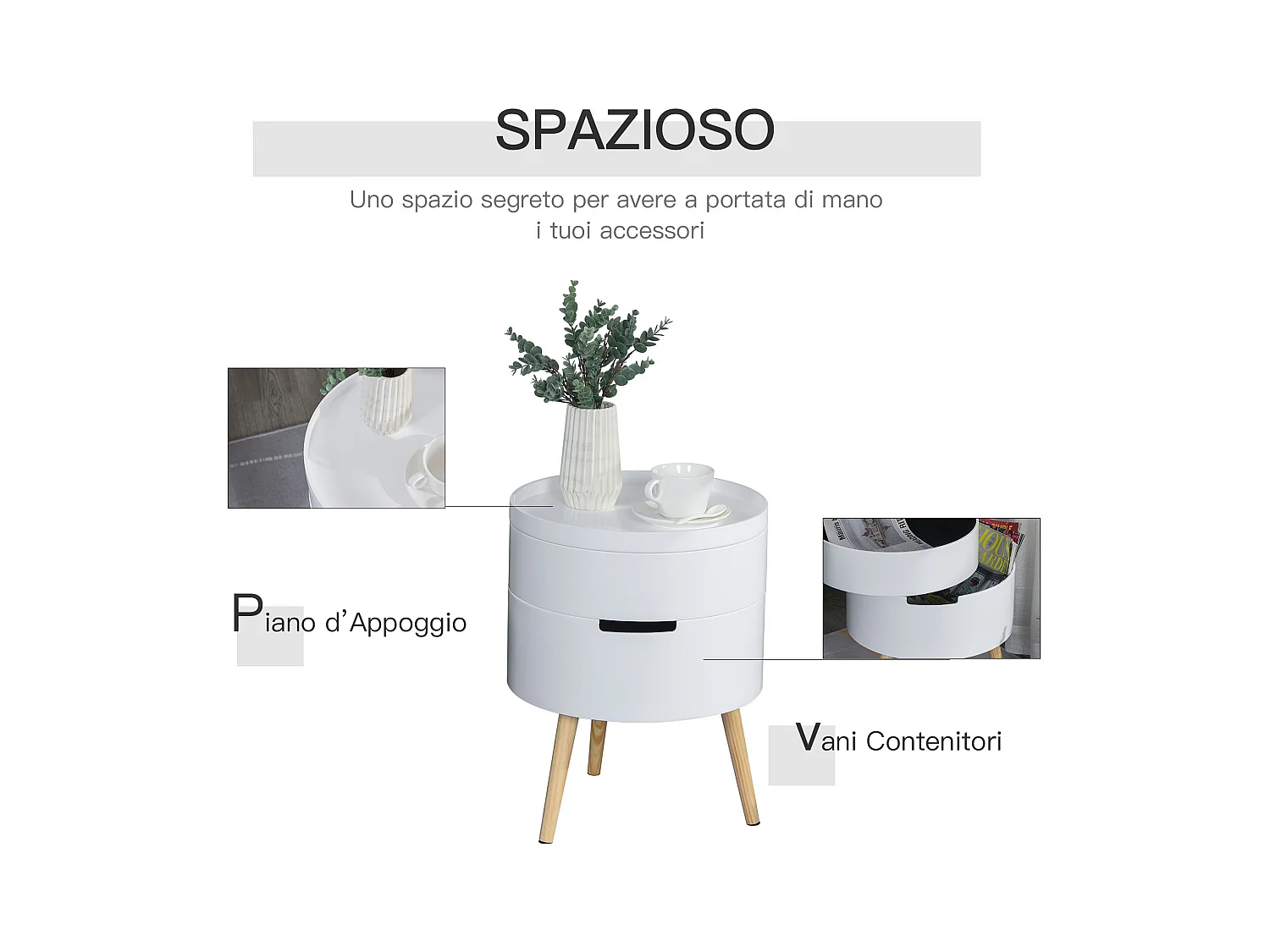 Tavolino da caffè con apertura a rotazione in legno bianco