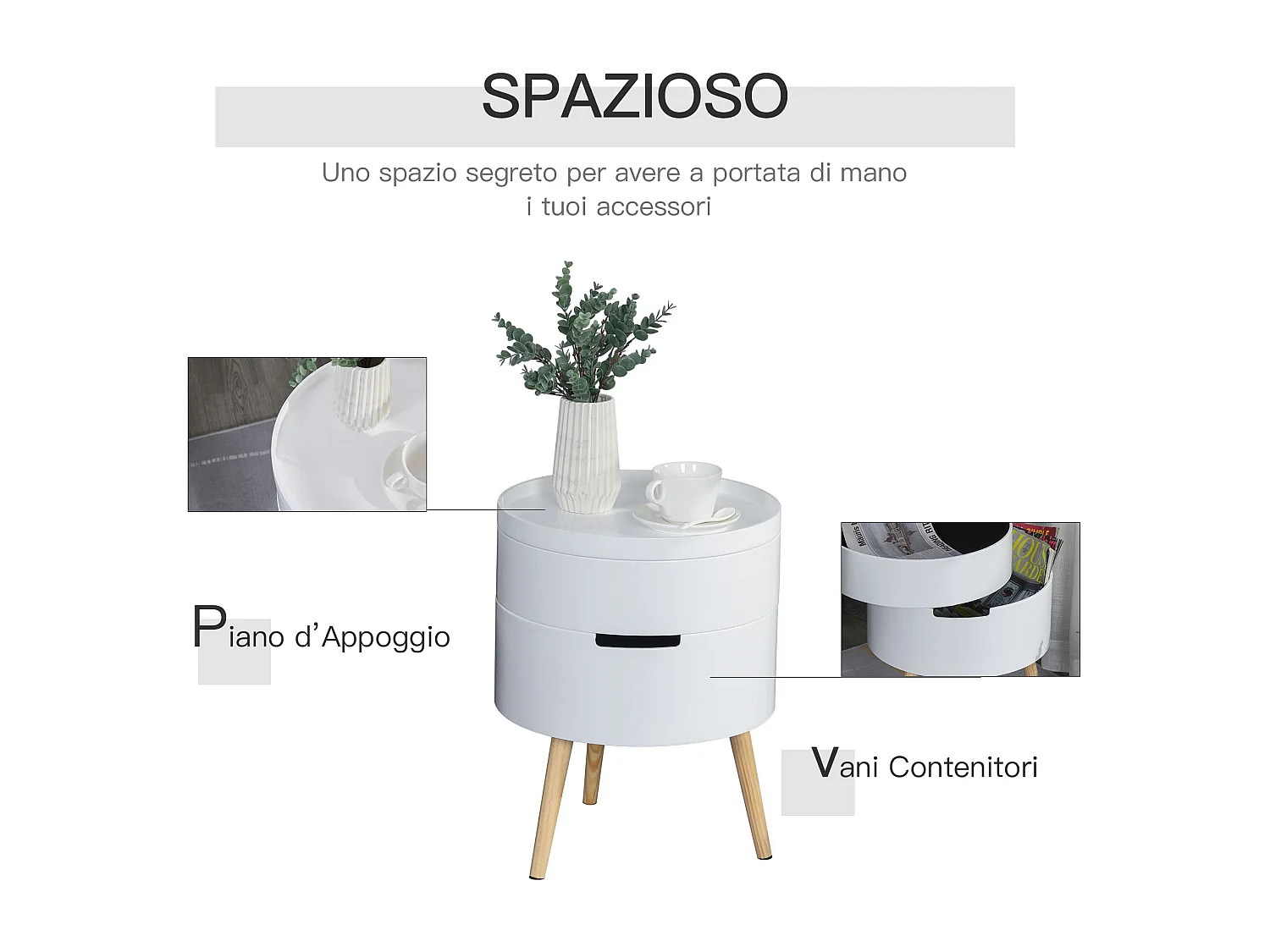 Tavolino da caffè con apertura a rotazione in legno bianco