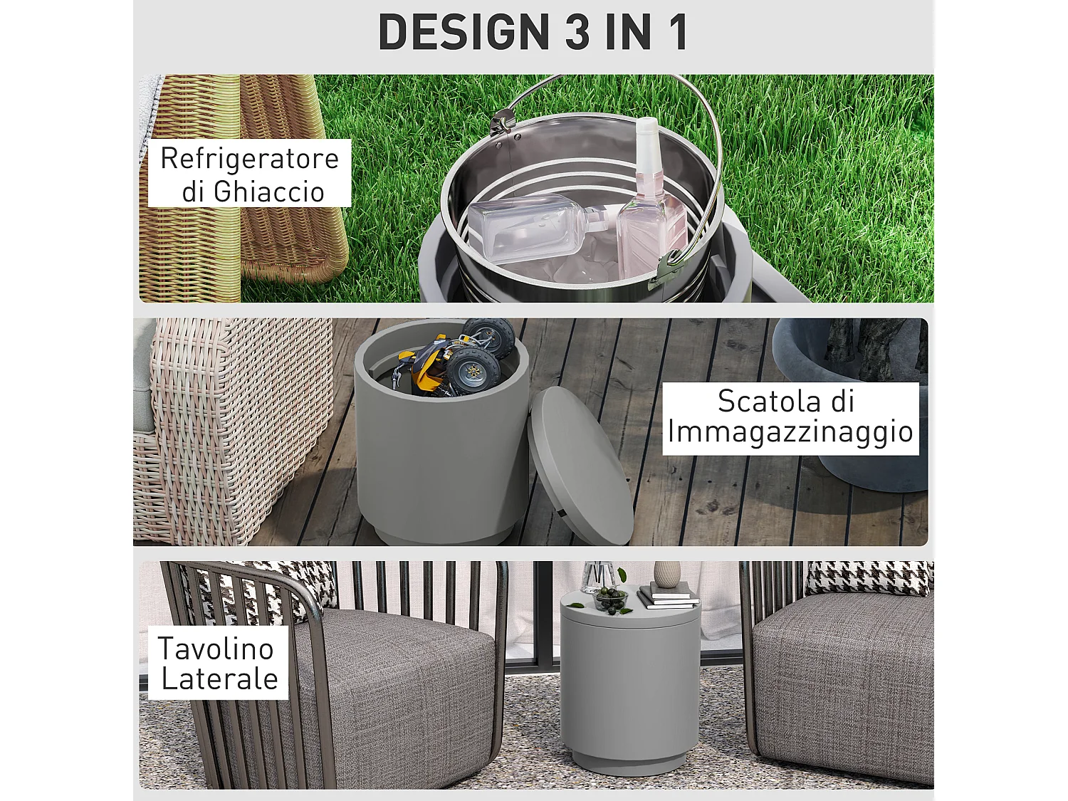 Tavolino multiuso con secchiello ghiaccio e coperchio grigio chiaro