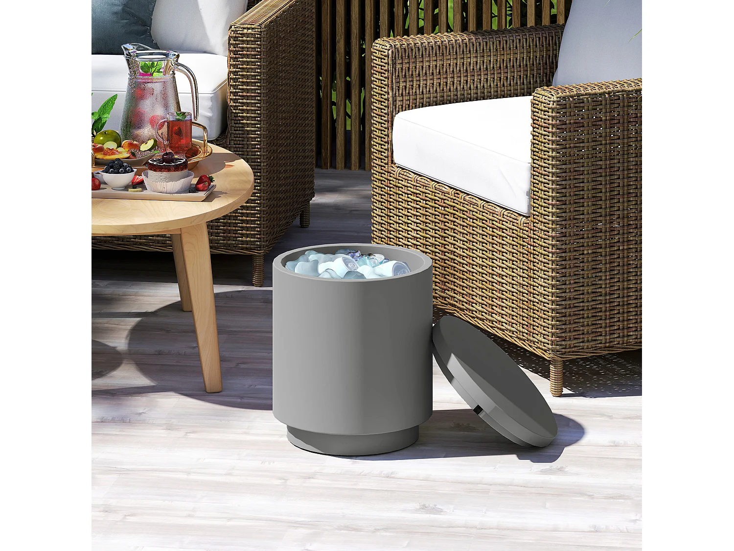 Tavolino multiuso con secchiello ghiaccio e coperchio grigio chiaro