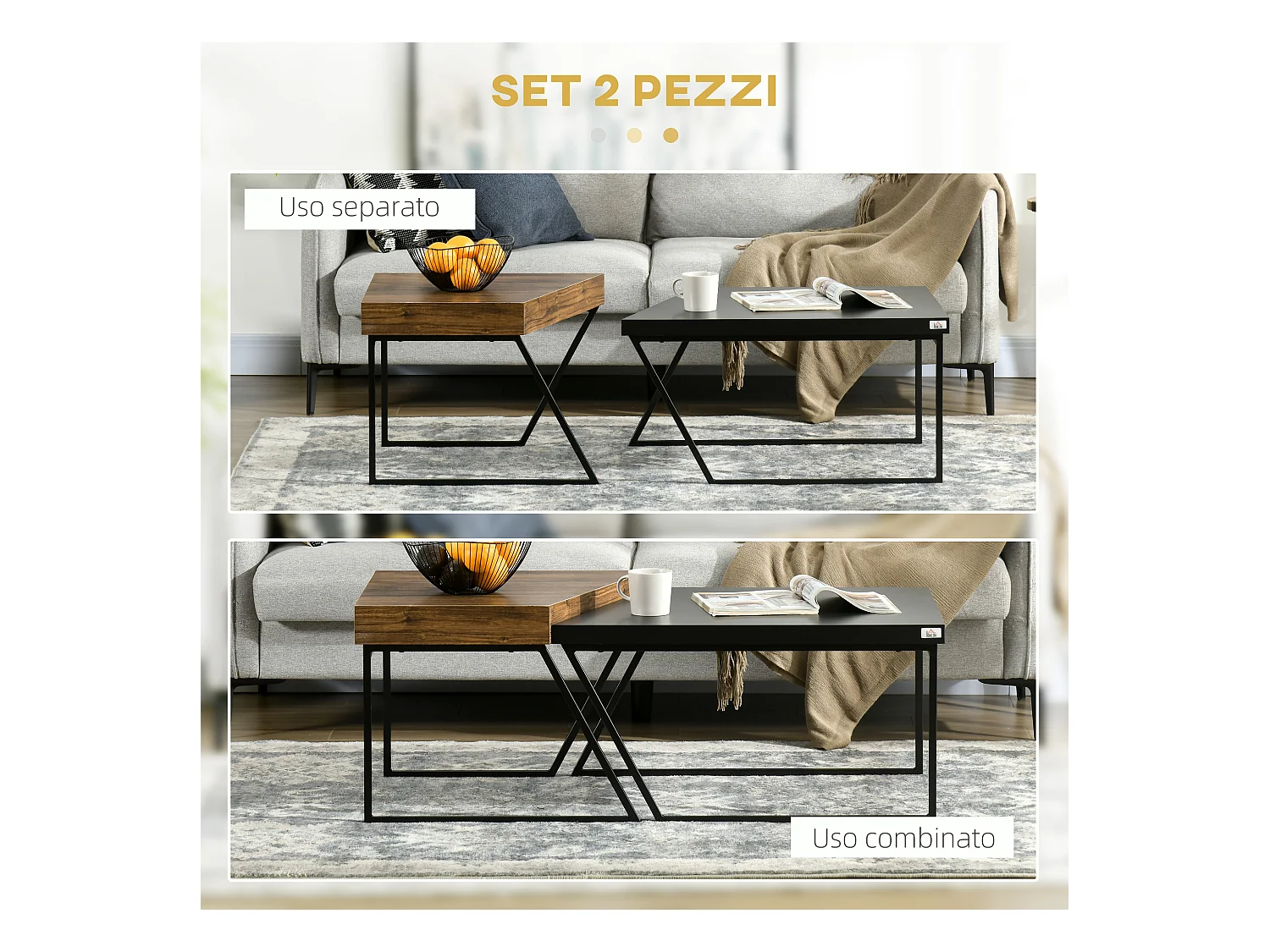 Set 2 tavolini da caffè in truciolato e acciaio industriale