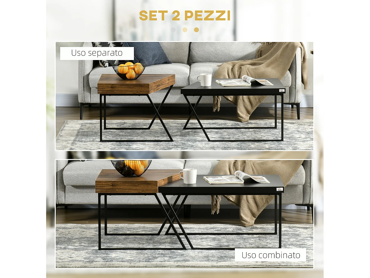 Set 2 tavolini da caffè in truciolato e acciaio industriale