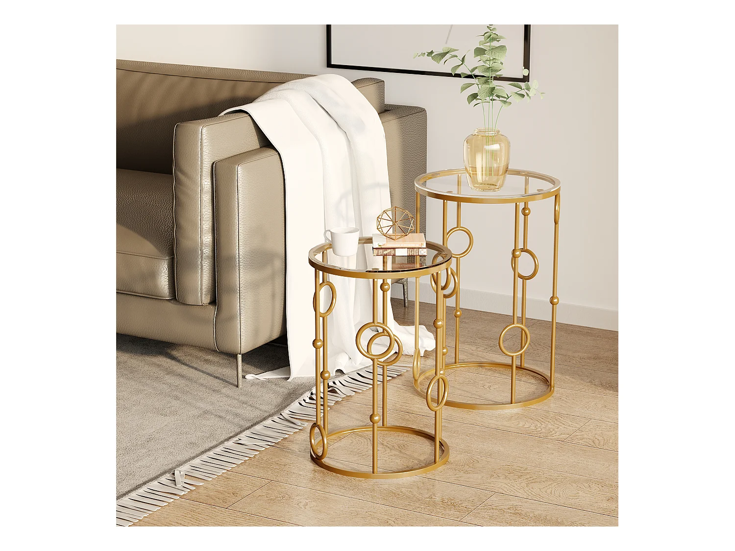 Set 2 pezzi tavolini da caffè in metallo e vetro temperato