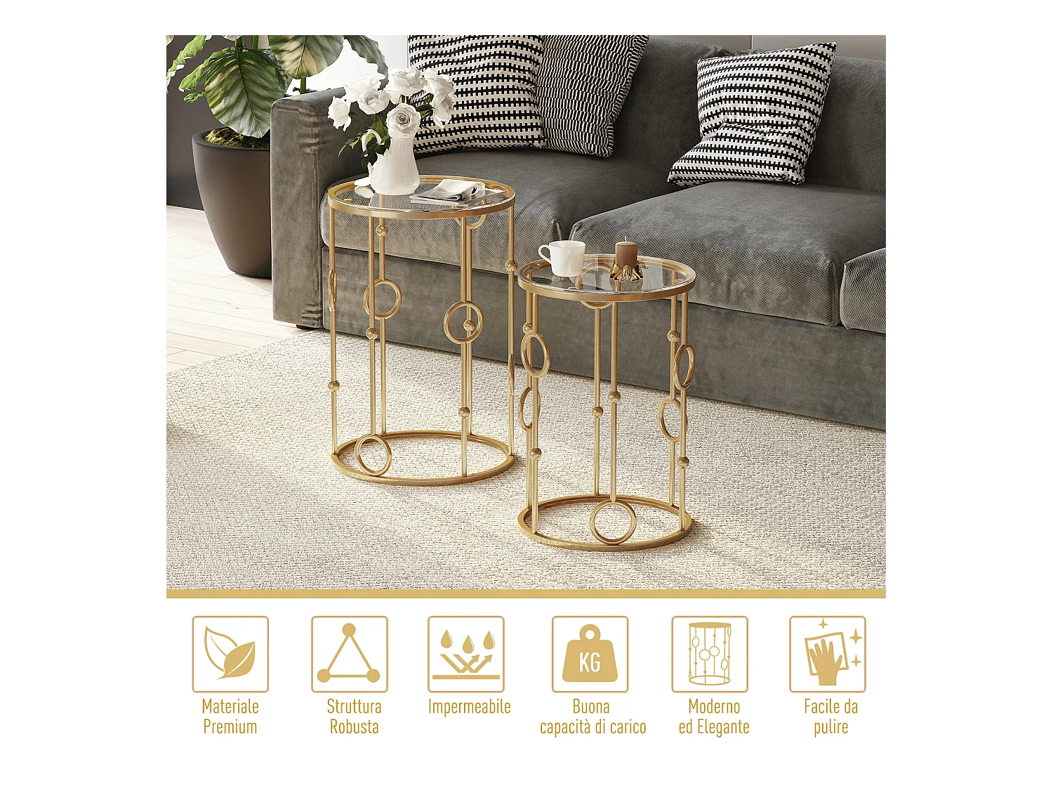 Set 2 pezzi tavolini da caffè in metallo e vetro temperato