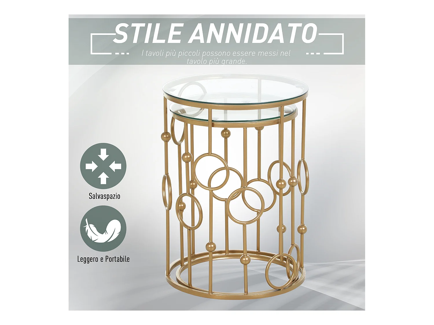 Set 2 pezzi tavolini da caffè in metallo e vetro temperato