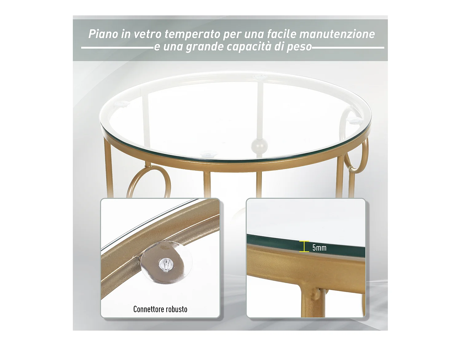 Set 2 pezzi tavolini da caffè in metallo e vetro temperato