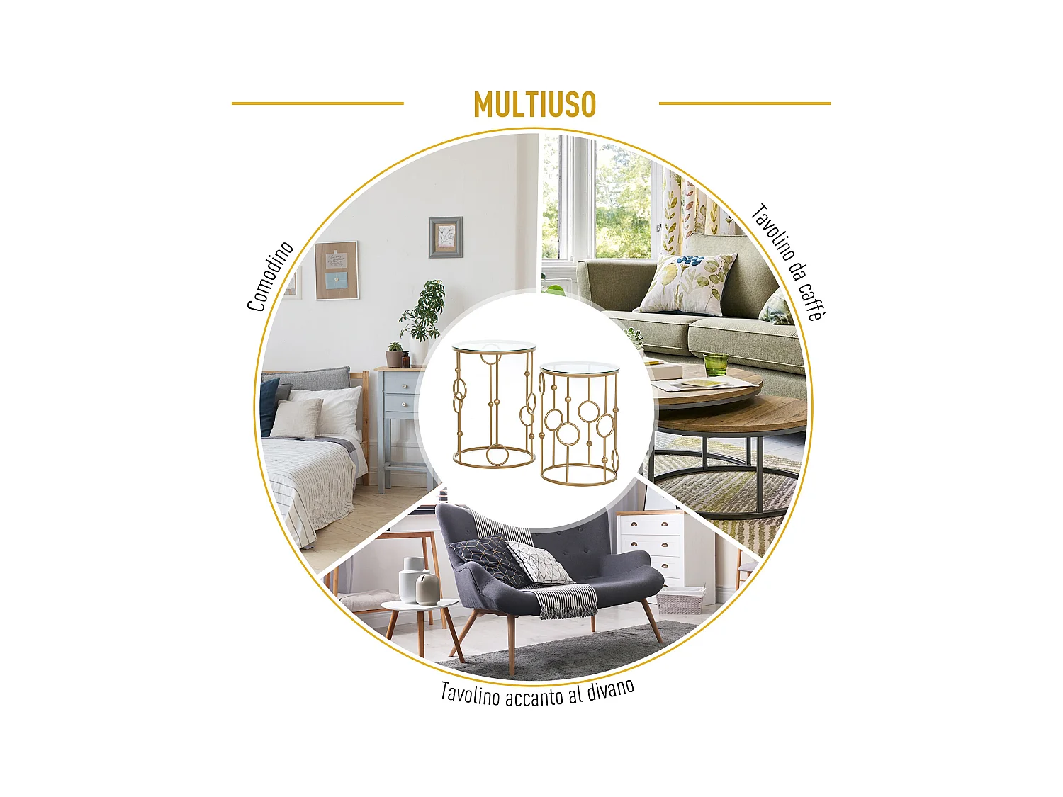 Set 2 pezzi tavolini da caffè in metallo e vetro temperato