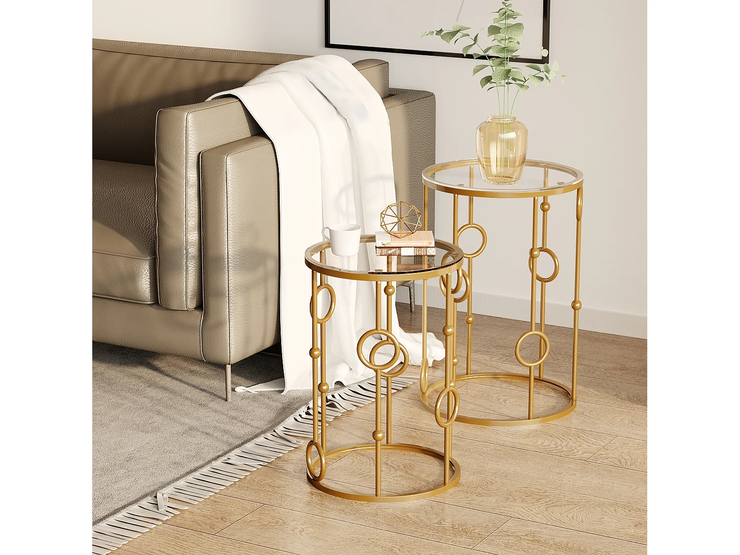 Set 2 pezzi tavolini da caffè in metallo e vetro temperato