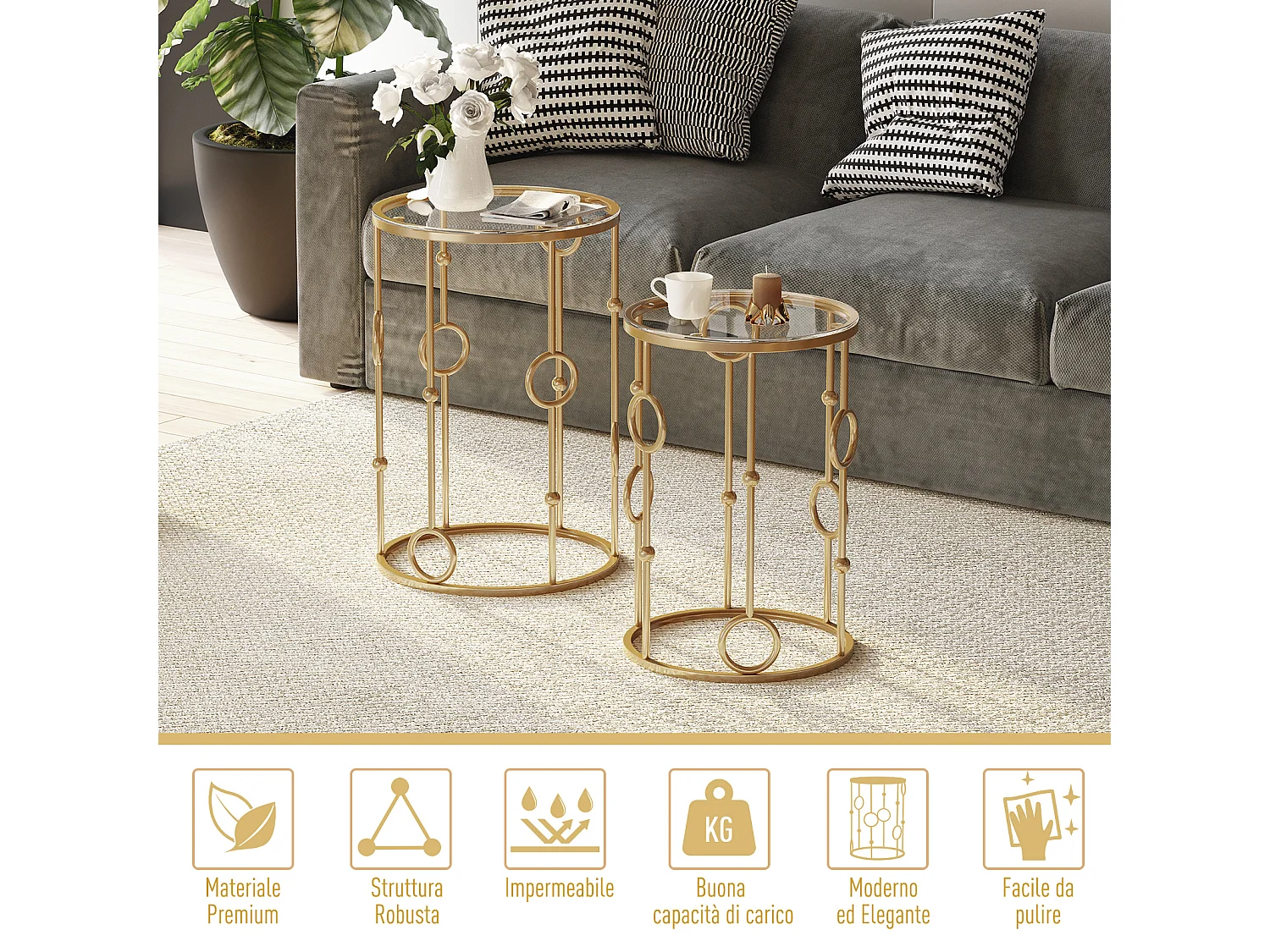 Set 2 pezzi tavolini da caffè in metallo e vetro temperato