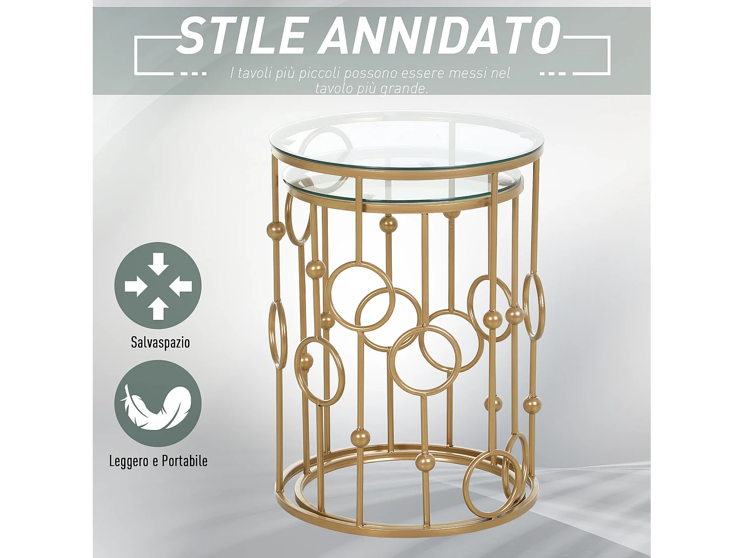 Set 2 pezzi tavolini da caffè in metallo e vetro temperato