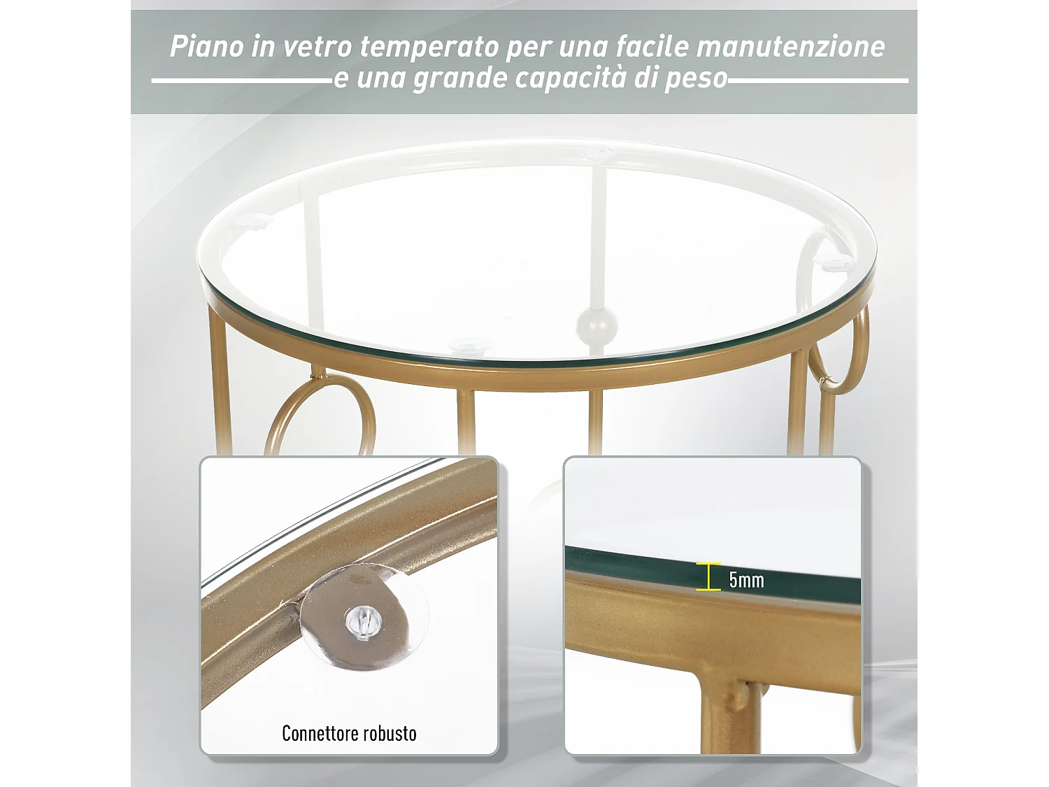 Set 2 pezzi tavolini da caffè in metallo e vetro temperato