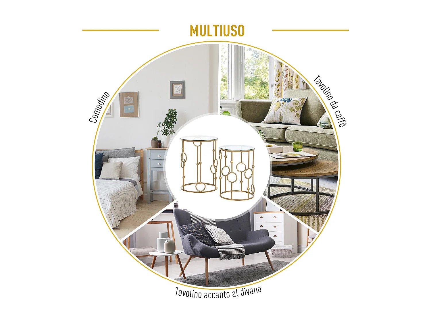 Set 2 pezzi tavolini da caffè in metallo e vetro temperato