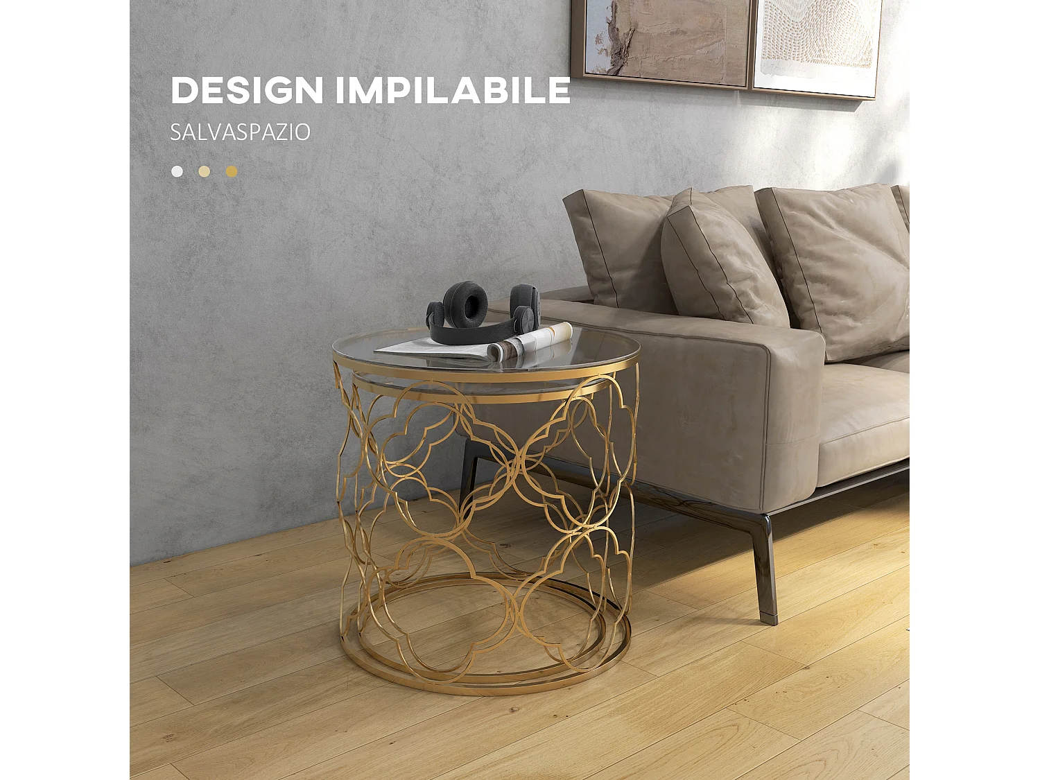 Set 2 tavolini da caffè impilabili art deco in metallo e vetro