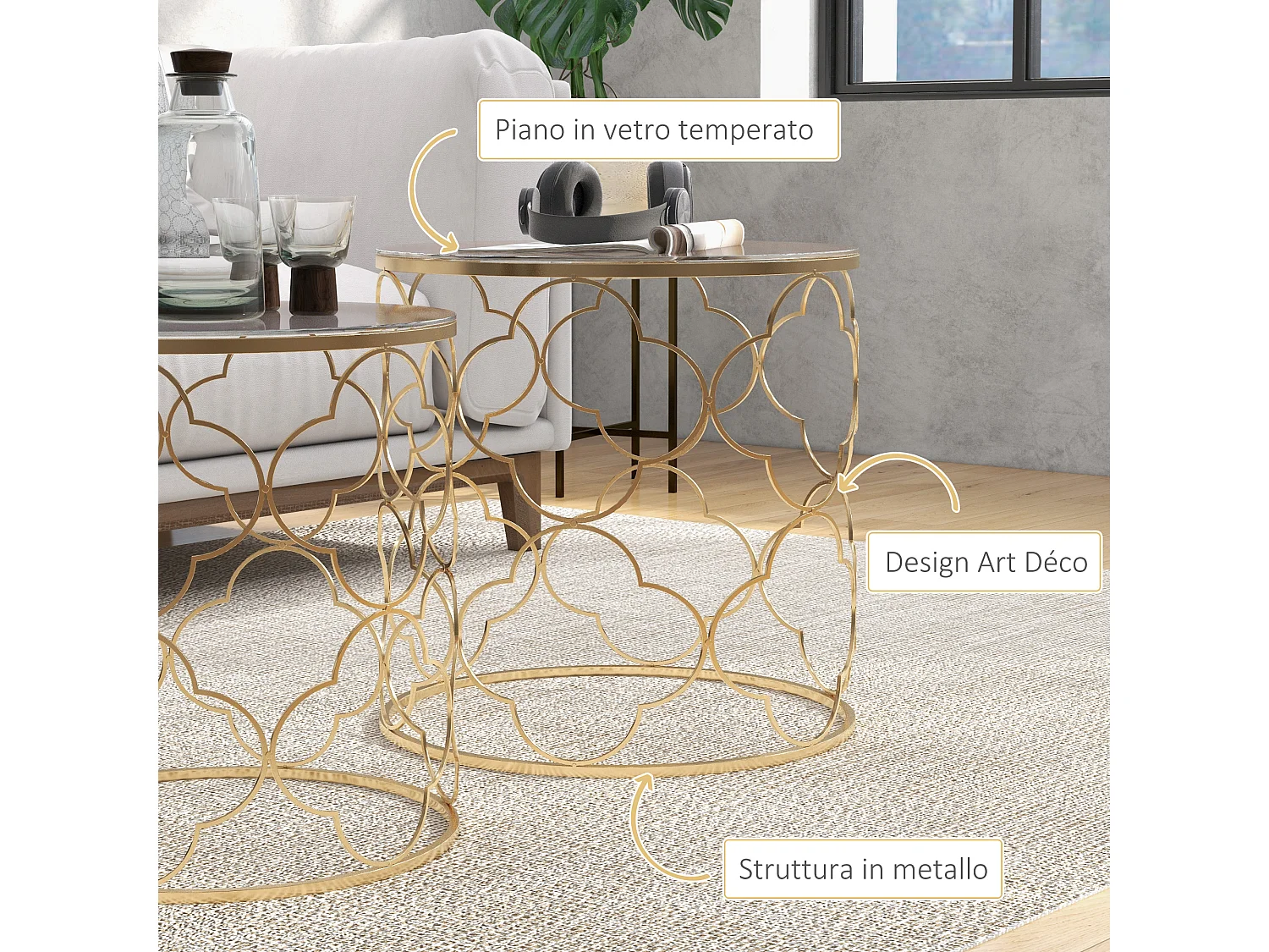 Set 2 tavolini da caffè impilabili art deco in metallo e vetro