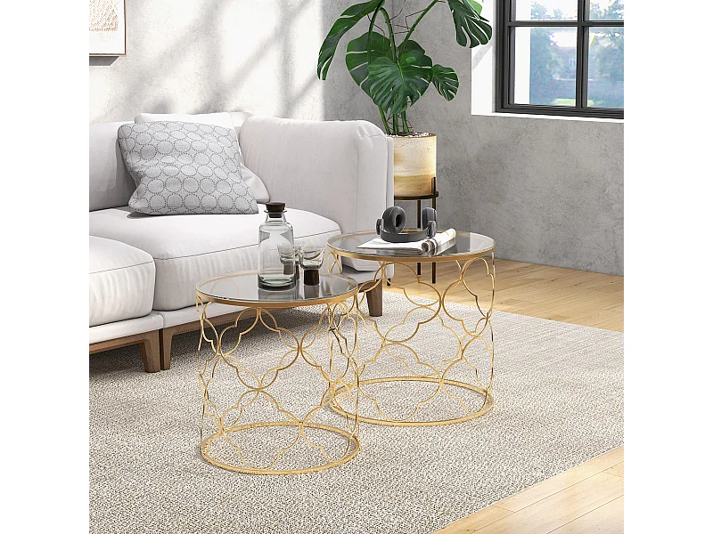 Set 2 tavolini da caffè impilabili art deco in metallo e vetro