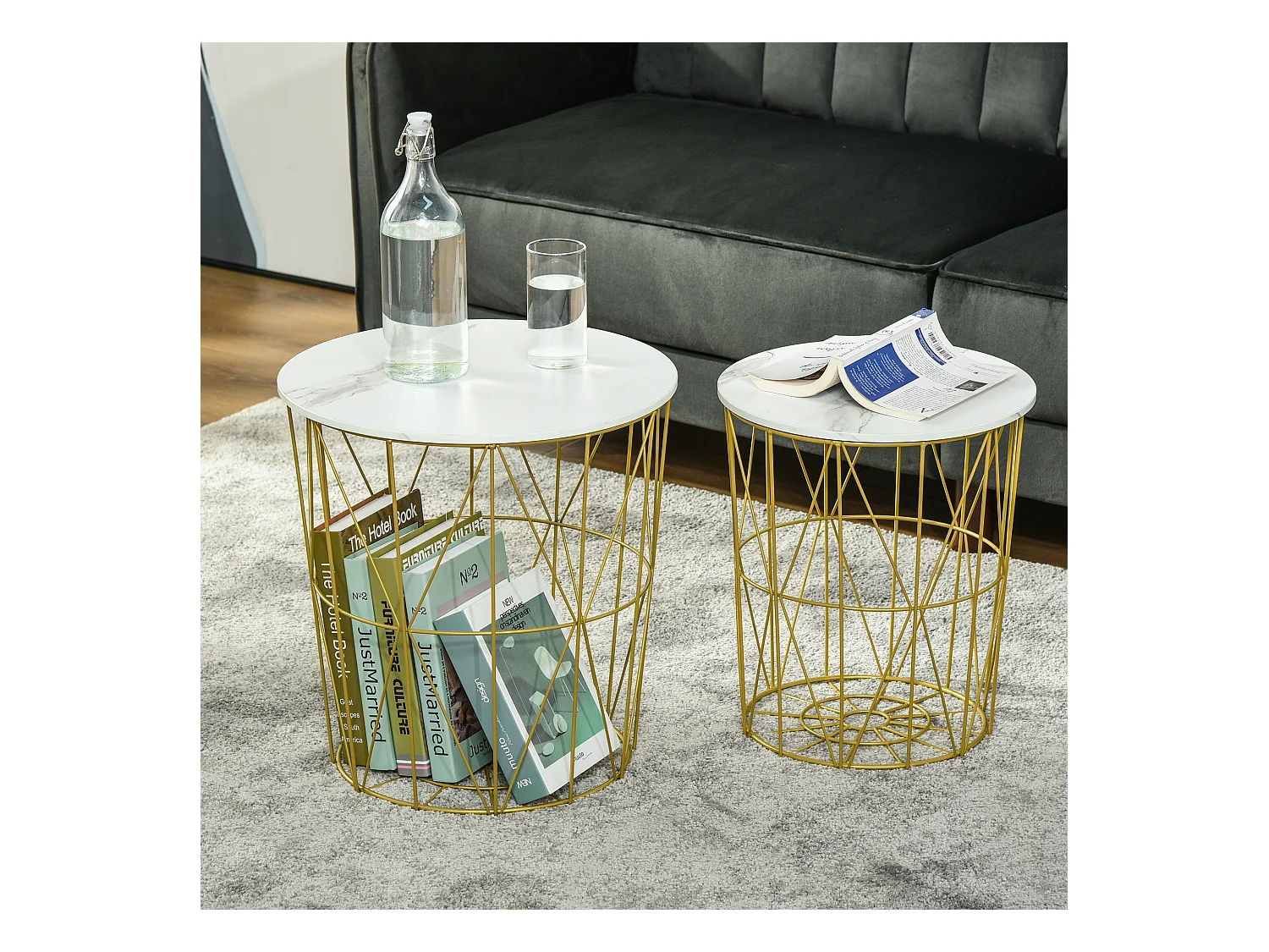 Set 2 tavolini impilabili base contenitore e piano rimovibile