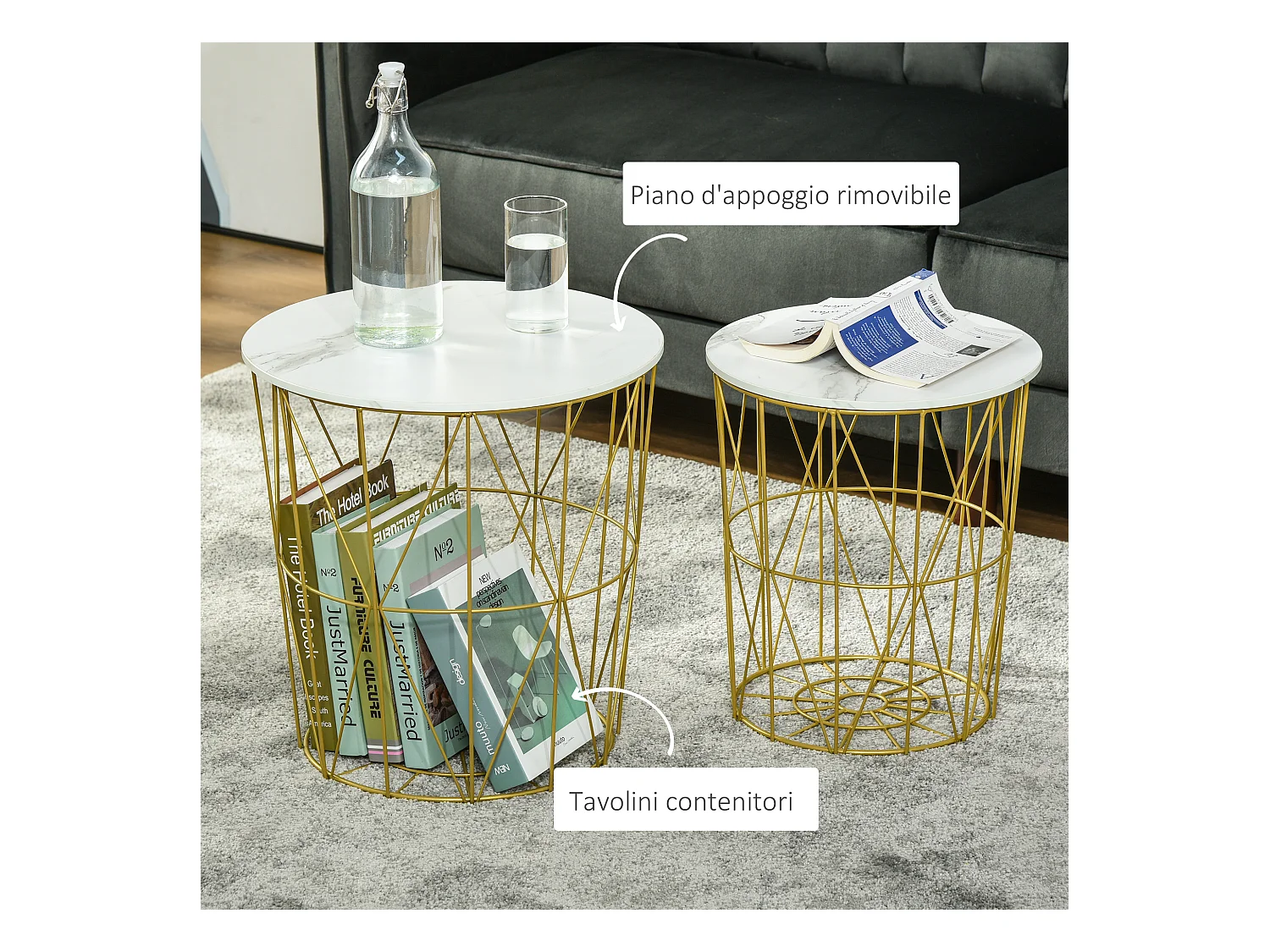 Set 2 tavolini impilabili base contenitore e piano rimovibile