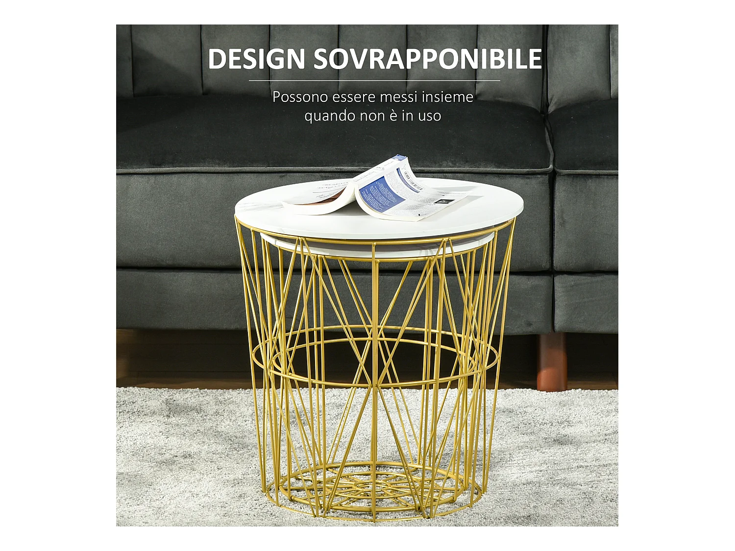 Set 2 tavolini impilabili base contenitore e piano rimovibile