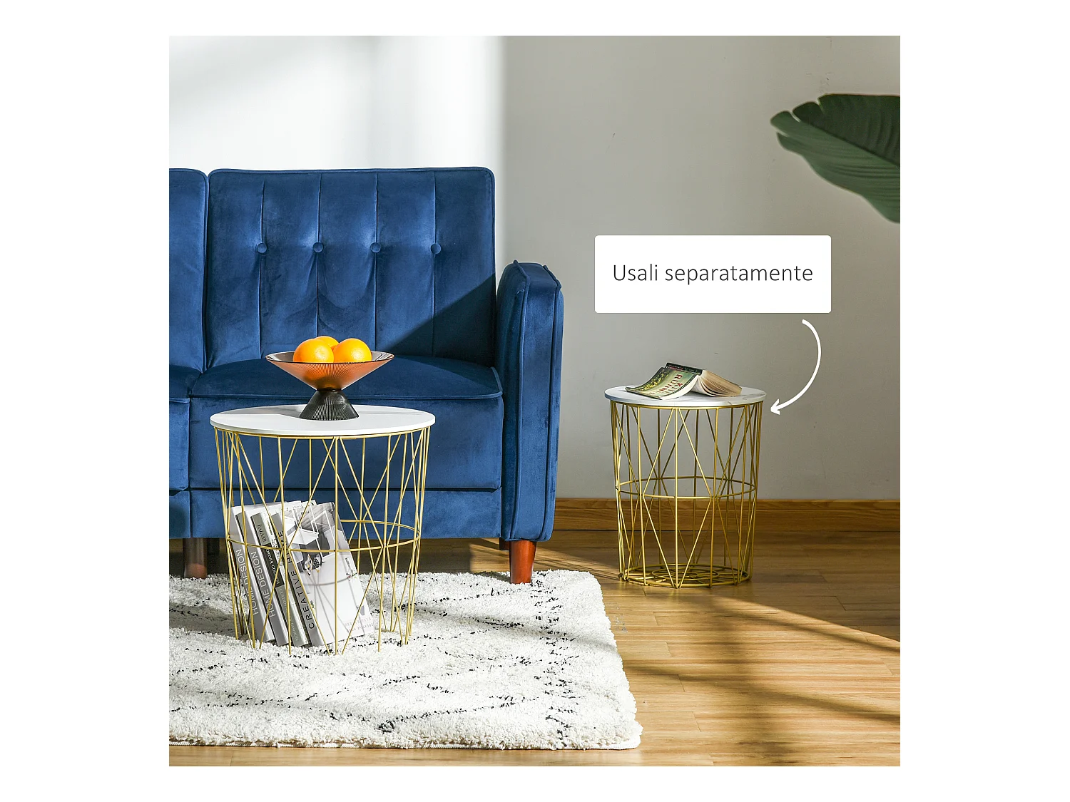 Set 2 tavolini impilabili base contenitore e piano rimovibile