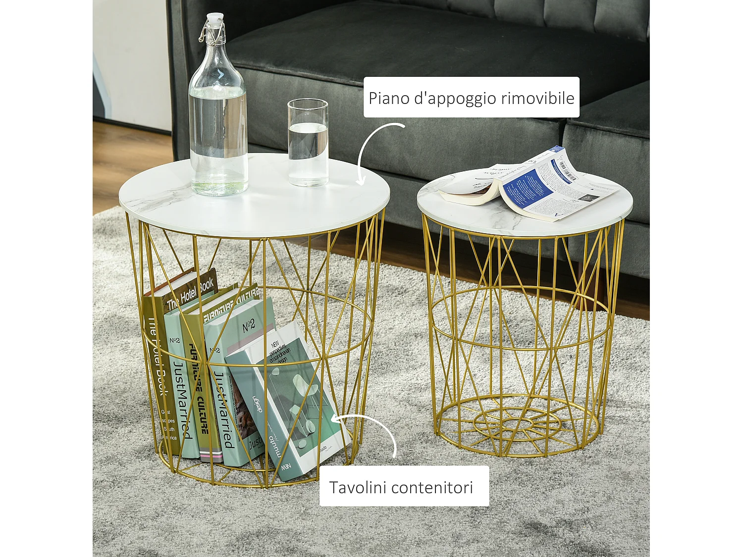 Set 2 tavolini impilabili base contenitore e piano rimovibile