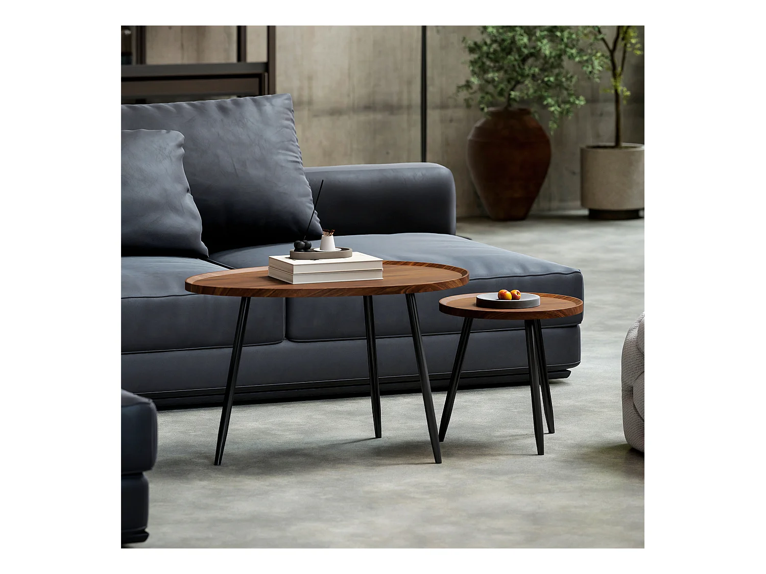 Set 2 tavolini da salotto sovrapponibili in legno e metallo marrone