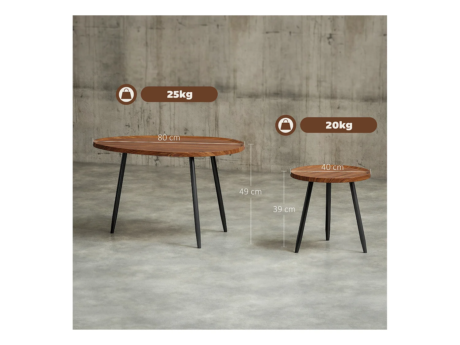 Set 2 tavolini da salotto sovrapponibili in legno e metallo marrone