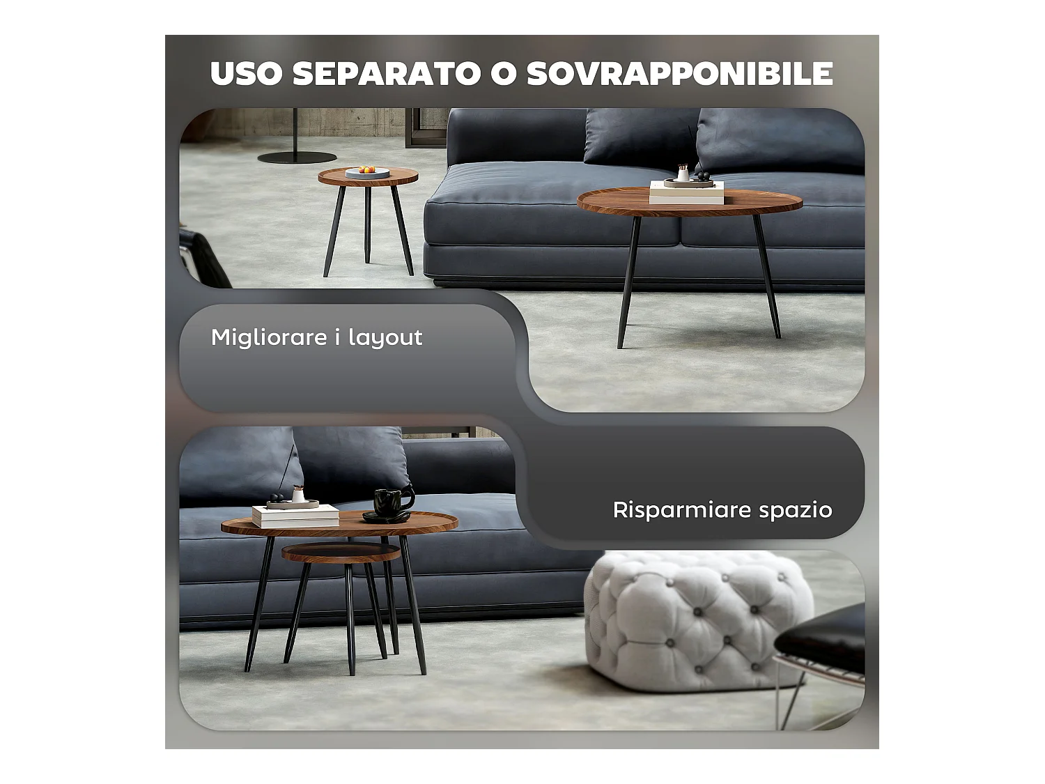 Set 2 tavolini da salotto sovrapponibili in legno e metallo marrone