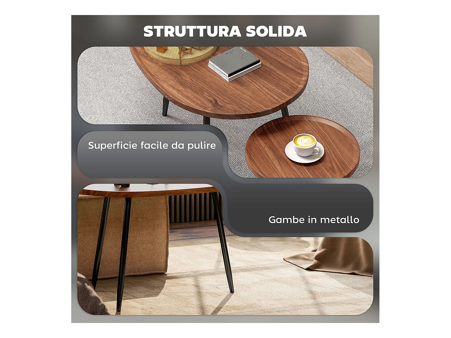 Set 2 tavolini da salotto sovrapponibili in legno e metallo marrone