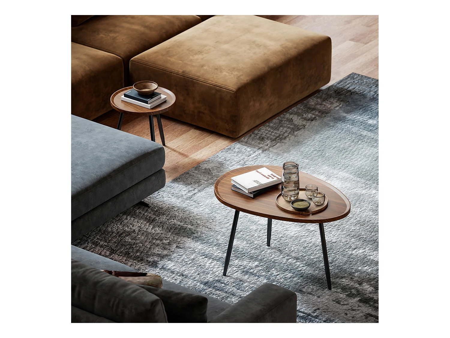Set 2 tavolini da salotto sovrapponibili in legno e metallo marrone