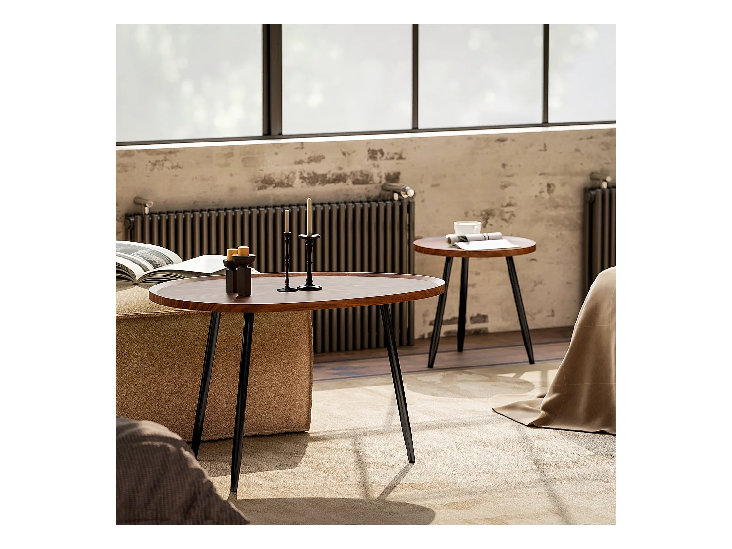 Set 2 tavolini da salotto sovrapponibili in legno e metallo marrone