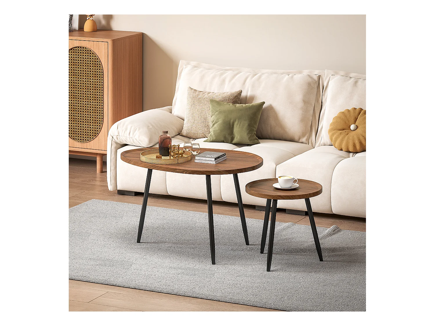 Set 2 tavolini da salotto sovrapponibili in legno e metallo marrone