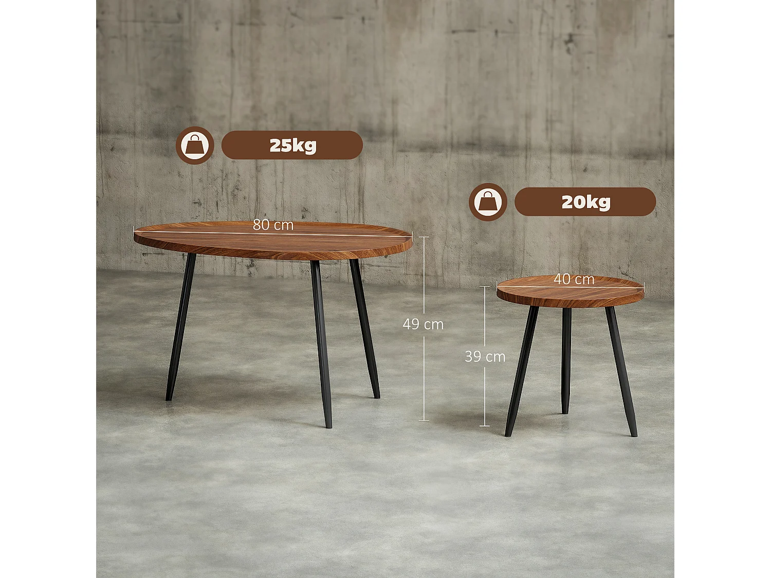 Set 2 tavolini da salotto sovrapponibili in legno e metallo marrone