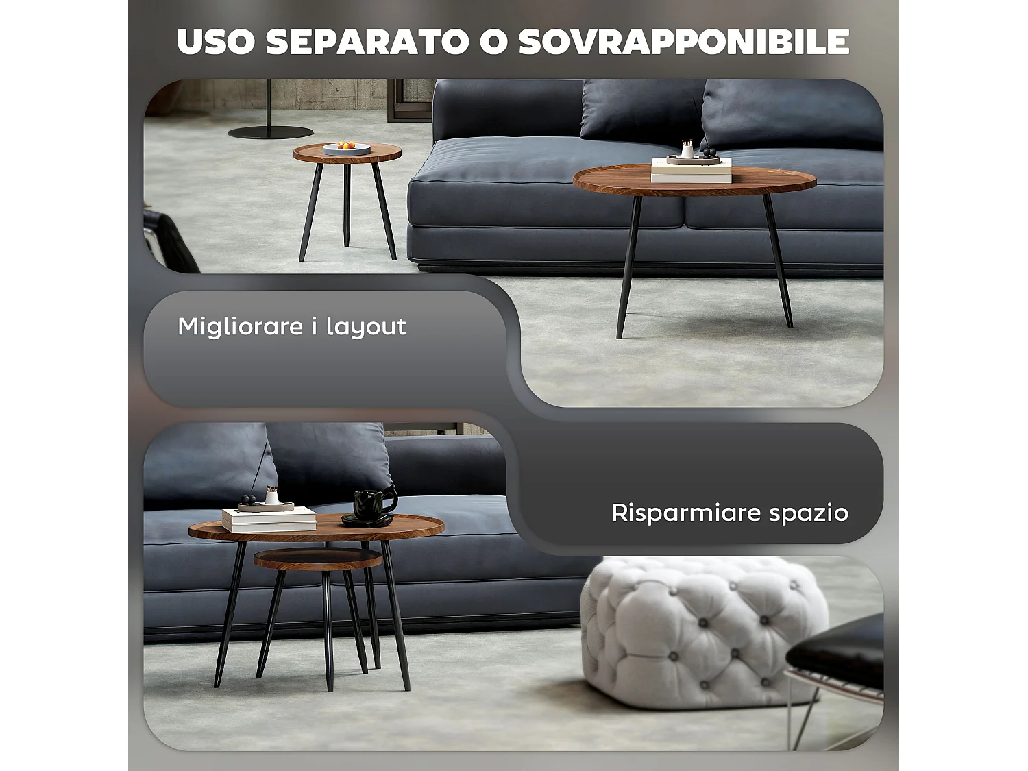 Set 2 tavolini da salotto sovrapponibili in legno e metallo marrone